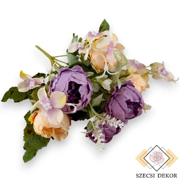 Mű peónia csokor kiegészítőkkel 6 szál selyem 29 cm - lila-barack ferde