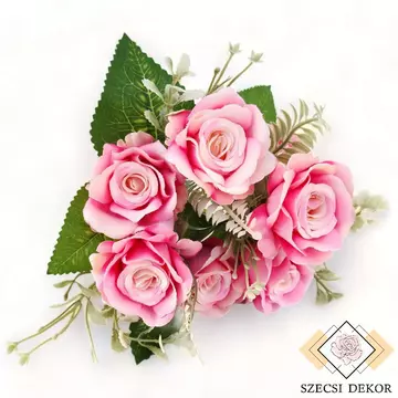 Mű rózsa csokor kiegészítőkkel bársonyos selyem 31 cm - pink szemből