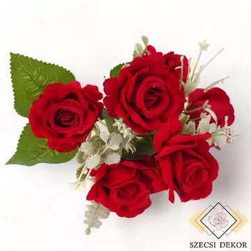 Mű rózsa csokor kiegészítőkkel bársonyos selyem 31 cm - vörös szemből
