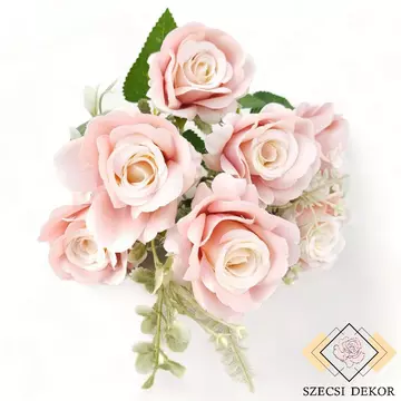 Mű rózsa csokor kiegészítőkkel bársonyos selyem 31 cm - kívül rózsaszín szemből