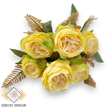 Mű fodros rózsa csokor 6 szál selyem 31 cm - sárga szemből