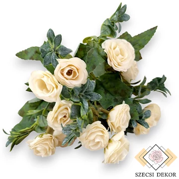 Mű törpe ágyásrózsa csokor selyem 5 szál 29 cm - krém szemből