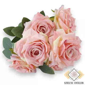 Mű rózsa csokor nagy 7 szál selyem 41 cm - rózsaszín cirmos szemből