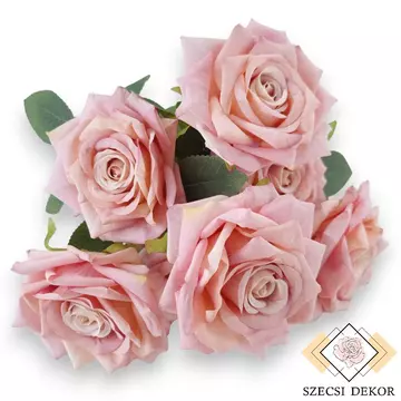 Mű rózsa csokor nagy 7 szál selyem 41 cm - rózsaszín szemből
