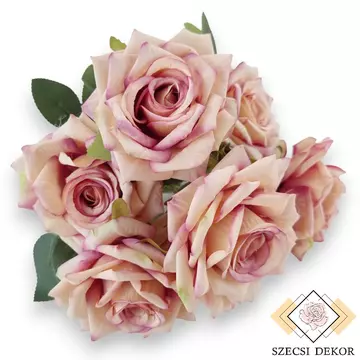 Mű rózsa csokor nagy 7 szál selyem 41 cm - lila cirmos szemből