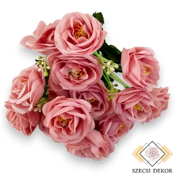 Mű molyhos rózsa csokor 7 szál selyem 33 cm - rózsaszín szemből