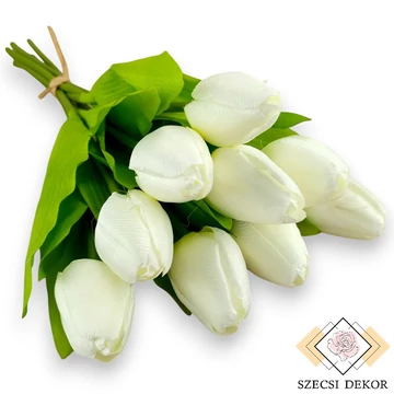 Mű tulipán köteg levéllel selyem 9 szálas 39 cm - törtfehér szemből