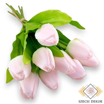 Mű tulipán köteg levéllel selyem 9 szálas 39 cm - púderrózsaszín szemből
