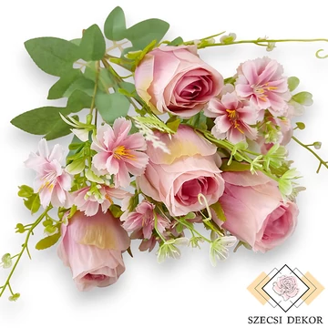 Mű erdei rózsa bokor kiegészítőkkel 9 szál selyem 44 cm - rózsaszín szemből