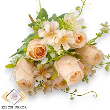 Mű erdei rózsa bokor kiegészítőkkel 9 szál selyem 44 cm - barack szemből