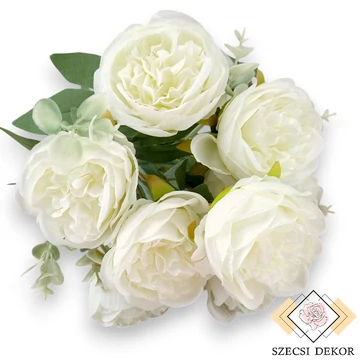 Mű illatos bazsarózsa bokor 9 szál selyem 44 cm - törtfehér szemből