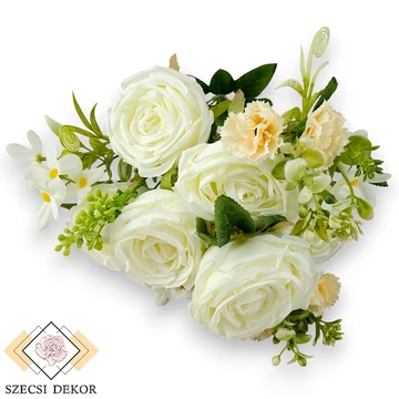 Mű törzses rózsa bokor 12 szál selyem 49 cm - törtfehér szemből