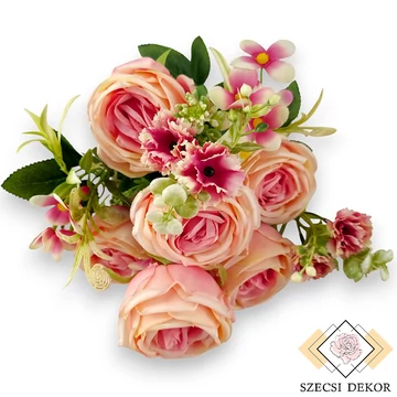 Mű törzses rózsa bokor 12 szál selyem 49 cm - korall szemből