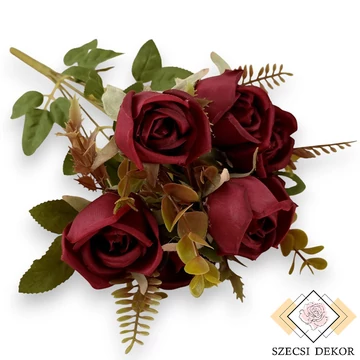 Mű floribunda rózsa csokor 7 szál selyem 44 cm - bordó ferde