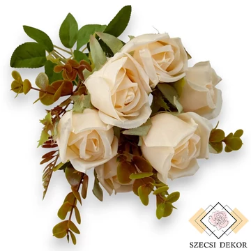 Mű floribunda rózsa csokor 7 szál selyem 44 cm - halvány barack ferde