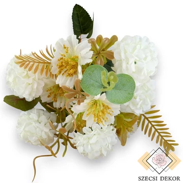 Mű selyem fodros csokor kivivel 5 szálas 29 cm - fehér szemből