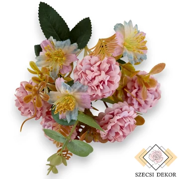 Mű selyem fodros csokor kivivel 5 szálas 29 cm - rózsaszín szemből