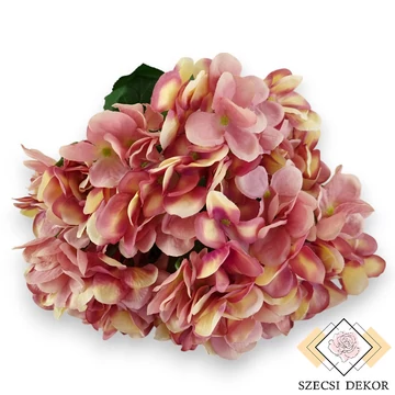 Mű hortenzia csokor nagy őszi 7 szál selyem 49 cm - rózsaszín cirmos szemből