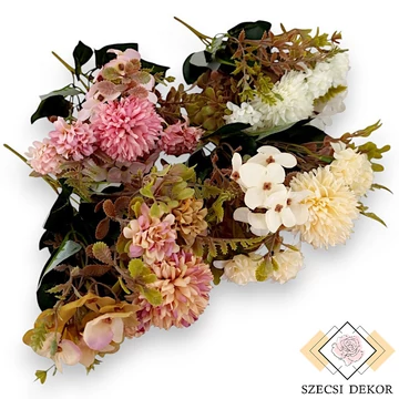 Mű krizantém-hortenzia vegyes csokor 5 szál selyem 30 cm szemből