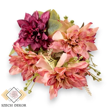 Mű tűdália csokor 7 szál selyem 42 cm - kosenilvörös szemből