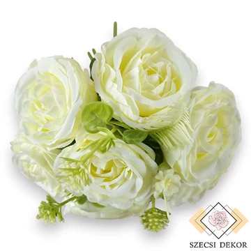 Mű teltvirágú rózsa köteg 9 szál selyem 33 cm - törtfehér szemből