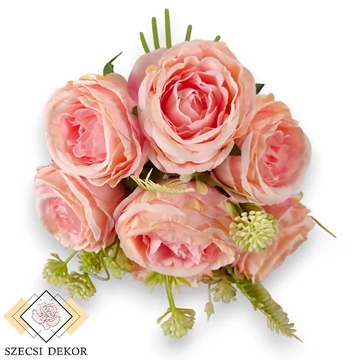 Mű teltvirágú rózsa köteg 9 szál selyem 33 cm - pompadúr-rózsaszín szemből