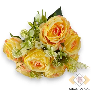 Mű teltvirágú rózsa köteg 9 szál selyem 33 cm - sárga szemből