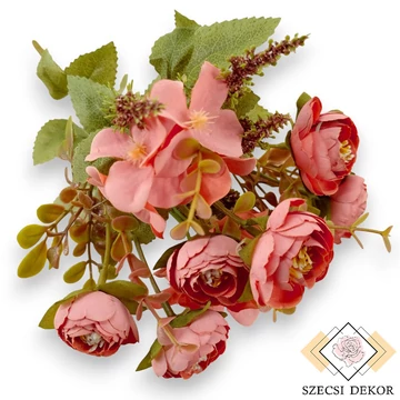 Mű boglárka vegyes csokor 5 szál selyem 32 cm - korallpiros szemből