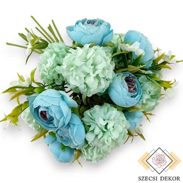 Mű boglárka-fodros virág köteg selyem 10 szál 35 cm - türkiz szemből