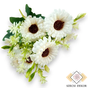Mű törpe gerbera csokor 5 szál selyem 36 cm - krémfehér szemből
