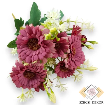 Mű törpe gerbera csokor 5 szál selyem 36 cm - fáradt vörös szemből