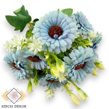 Mű törpe gerbera csokor 5 szál selyem 36 cm - türkiz szemből