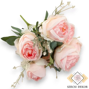 Mű kínai rózsa bokor 7 szál selyem 39 cm - rózsaszín ferde