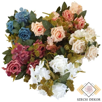 Mű tearózsa vegyes bokor 9 szál selyem 42 cm szemből