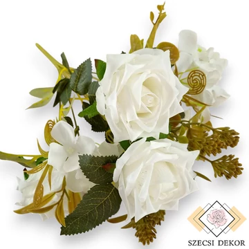 Mű tearózsa vegyes bokor 9 szál selyem 42 cm - törtfehér ferde