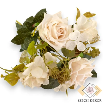 Mű tearózsa vegyes bokor 9 szál selyem 42 cm - bézs ferde