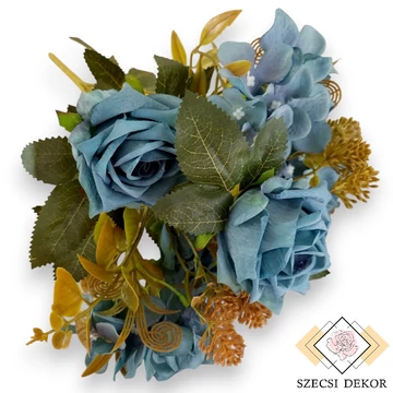 Mű tearózsa vegyes bokor 9 szál selyem 42 cm - kék ferde