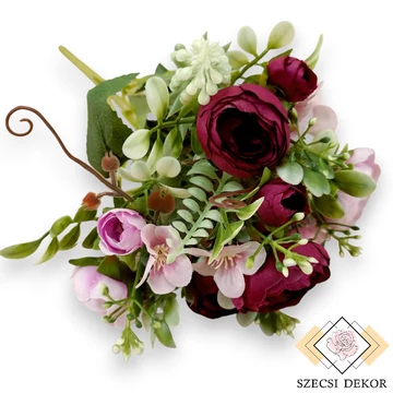 Mű ranunculus vegyes csokor 5 szál selyem 33 cm - bíbor-viola szemből