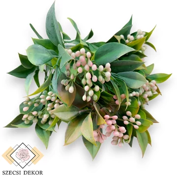 Mű zöld bimbós ruscus csokor 5 szál 30 cm - rózsaszín szemből