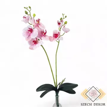 Mű orchidea két ággal levéllel - Rózsaszín Pöttyös