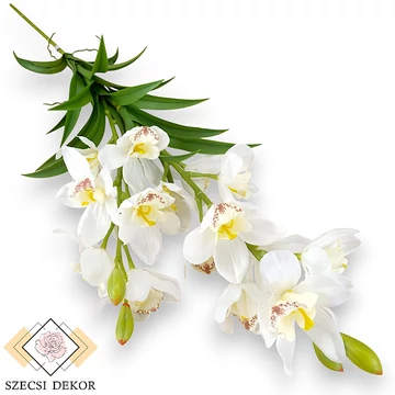 Mű cymbidium szál levelekkel selyem 110 cm - fehér szemből