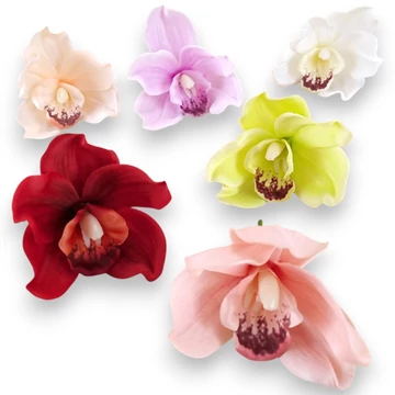 Mű cymbidium fejek tálcán 40 db szatén 12 cm szemből