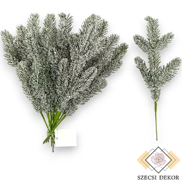 Mű zöld cukorsüvegfenyő köteg 12 szál 24 cm - havas szemből