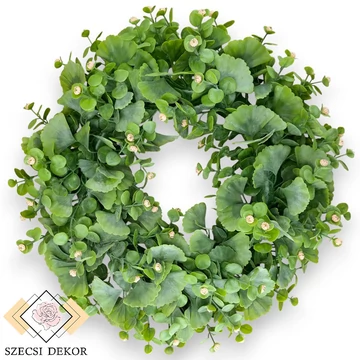 Mű ginkgo-eukaliptusz koszorú virágokkal 41 cm - hamvas szemből