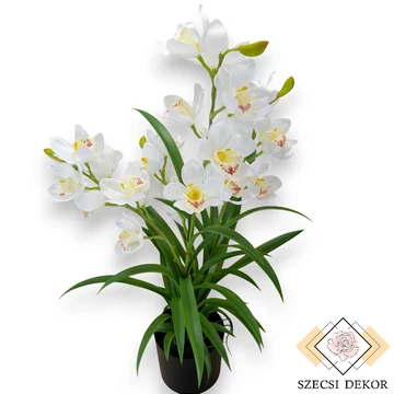 Mű cserepes cymbidium levelekkel selyem 85 cm - fehér szemből
