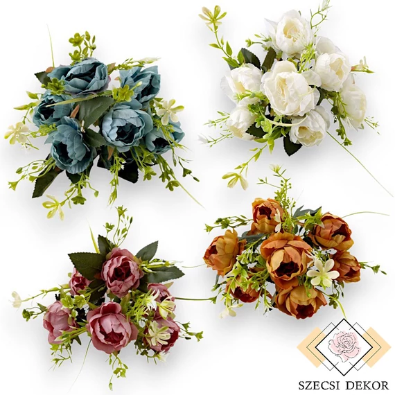 Mű peónia csokor kiegészítőkkel 7 szál selyem 30 cm szemből