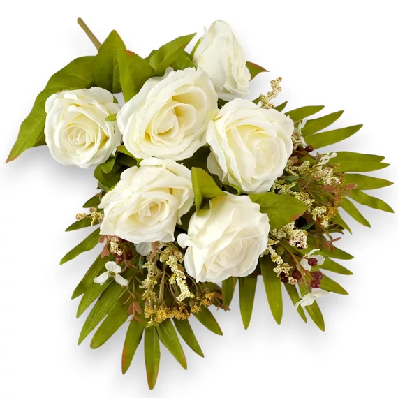 Mű levél-rózsa vegyes csokor 11 szál selyem 52 cm - krémfehér ferde