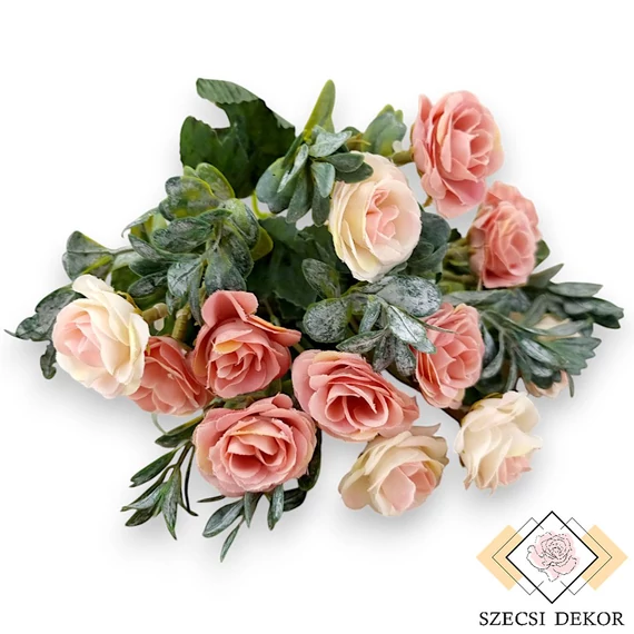 Mű törpe ágyásrózsa csokor selyem 5 szál 29 cm - rózsaszín szemből