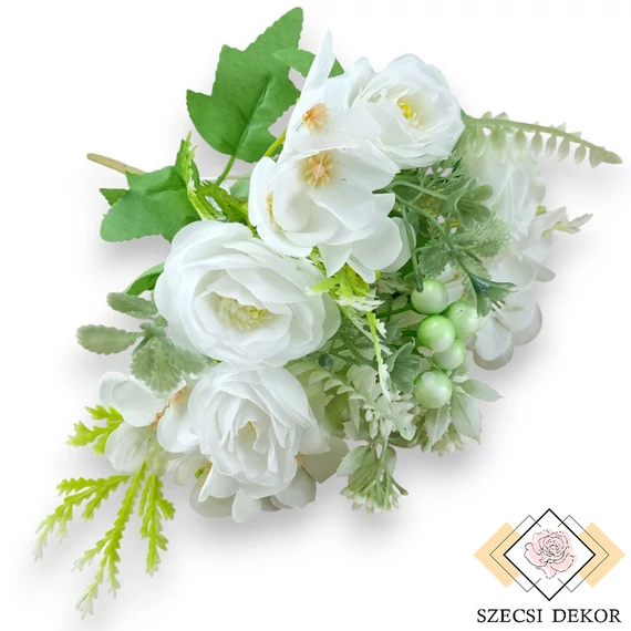 Mű molyhos rózsa-hunyor csokor 7 szál selyem 32 cm - fehér ferde