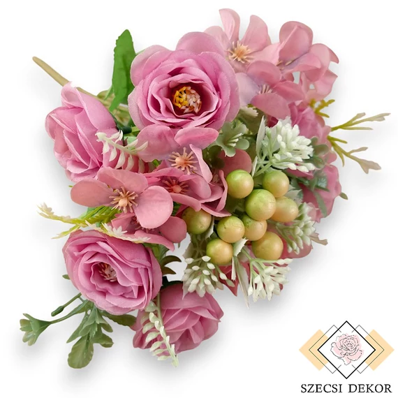 Mű molyhos rózsa-hunyor csokor 7 szál selyem 32 cm - pink ferde